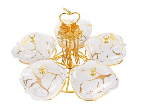 Менажница 5-ти секционная с вилочками на металлической подставке 33см