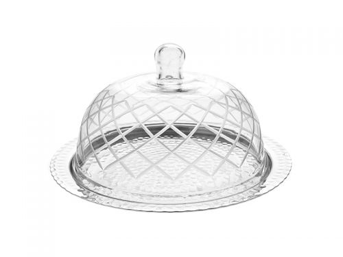 Серебряная металлическая тарелка со стеклянным куполом 28х18см