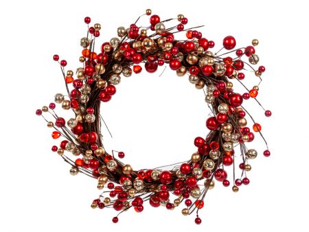 Декоративный венок 40 см красная с золотом (пластик)