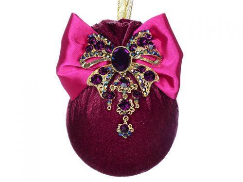 Елочный шар с фиолетовым бантом "Бордовая феерия" 8см