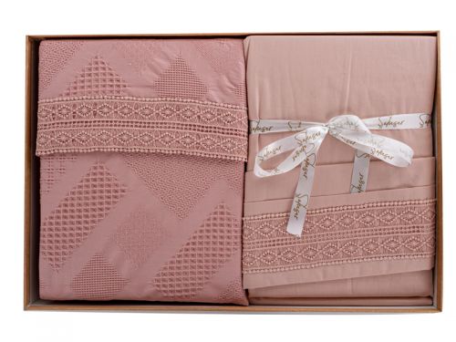 Комплект постельного белья "Freya" пудровый, ранфорс евро 200x220 см+покрывало 240x260 см+4н.50x70 с