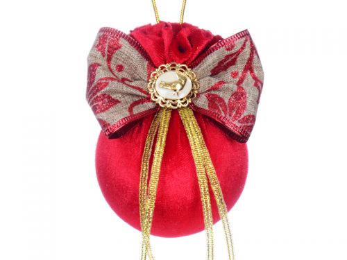 Елочный шар с бантом и брошкой птичка 