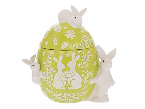 Зеленая керамическая банка для печенья в форме яйца с кроликами 25x20x30 см