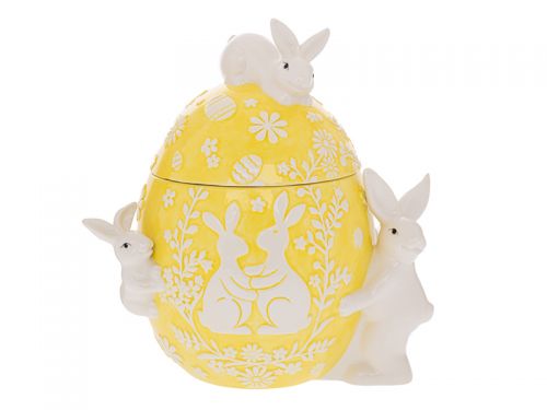 Желтая керамическая банка для печенья в форме яйца с кроликами 25x20x30 см