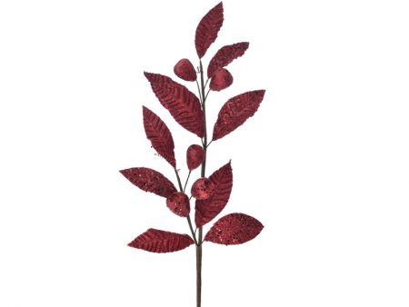 Рождественская декоративная веточка бургунди с глиттером, 65см
